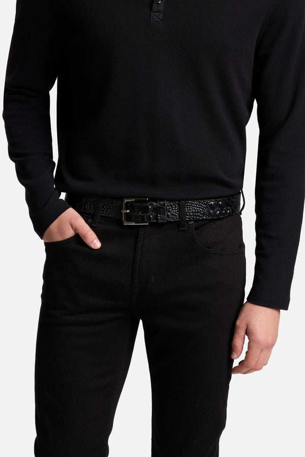 Croc Embossed Italian Leather Belt in Black