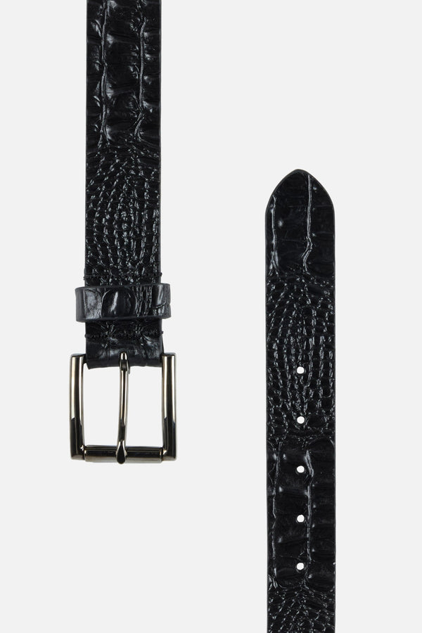 Croc Embossed Italian Leather Belt in Black