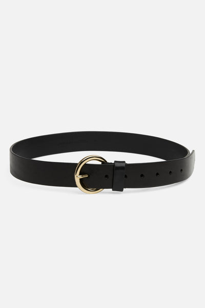 Round Buckle Italian Leather Belt in Black