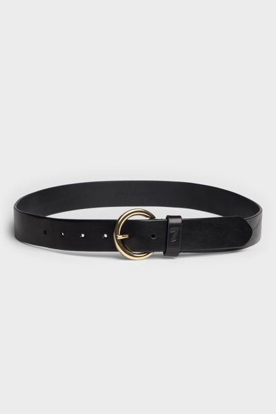 Round Buckle Italian Leather Belt in Black