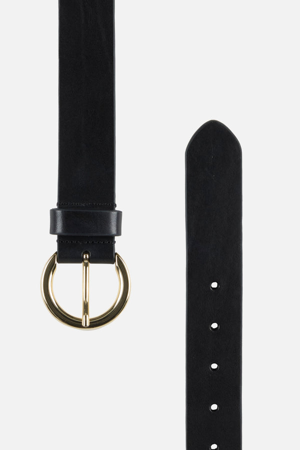 Round Buckle Italian Leather Belt in Black