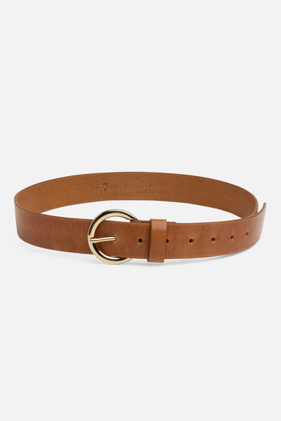 Round Buckle Italian Leather Belt in Natural