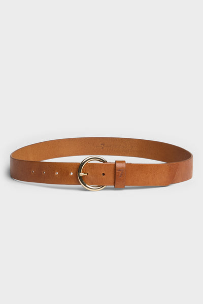 Round Buckle Italian Leather Belt in Natural
