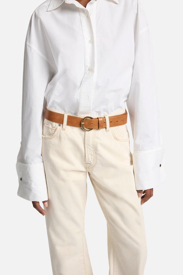 Round Buckle Italian Leather Belt in Natural