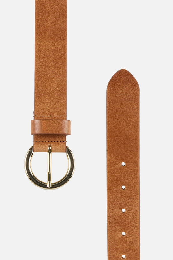 Round Buckle Italian Leather Belt in Natural