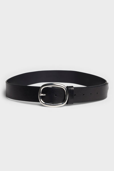 Oval Buckle Italian Leather Belt in Black