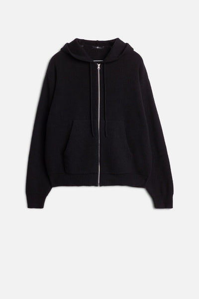 Cotton Wool Hooded Zip Sweater in Black