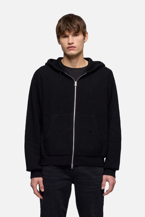 Cotton Wool Hooded Zip Sweater in Black