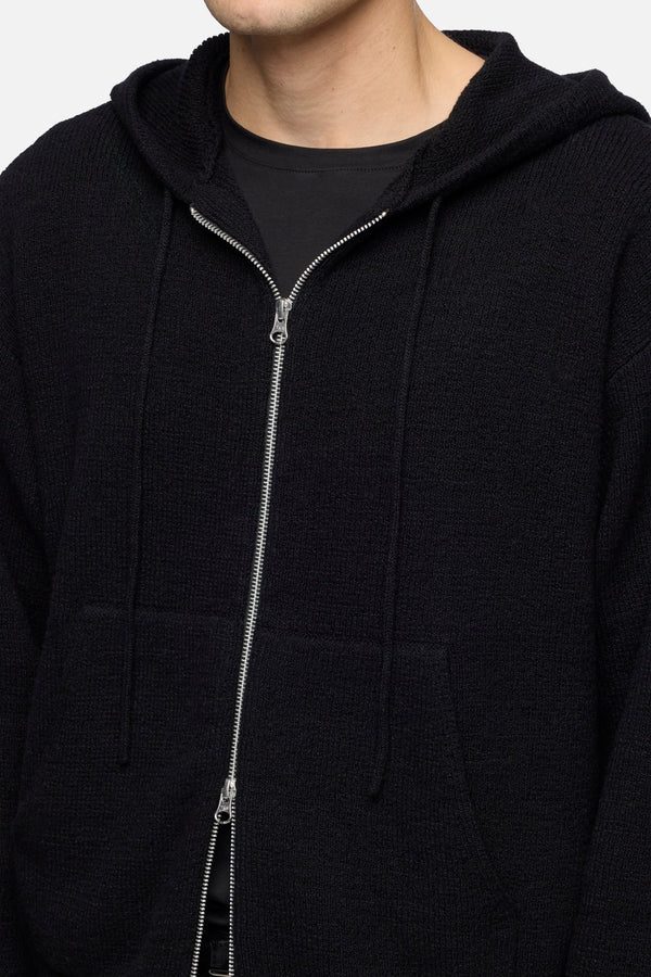 Cotton Wool Hooded Zip Sweater in Black
