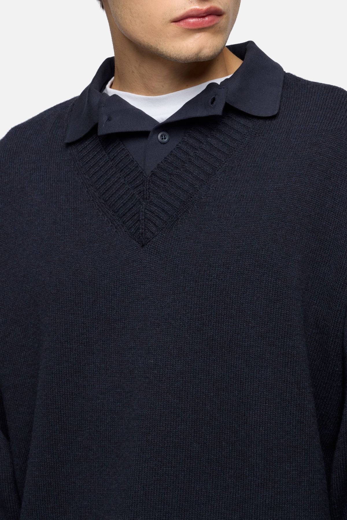 v neck sweater and dress shirt 7 For All Mankind DOUBLE LAYER V-NECK SWEATER in Wool Blend Midnight