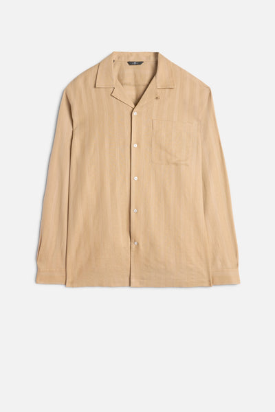 Linen Blend Long Sleeve Camp Shirt in Beige