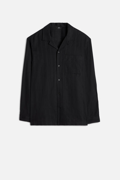 Linen Blend Long Sleeve Camp Shirt in Black