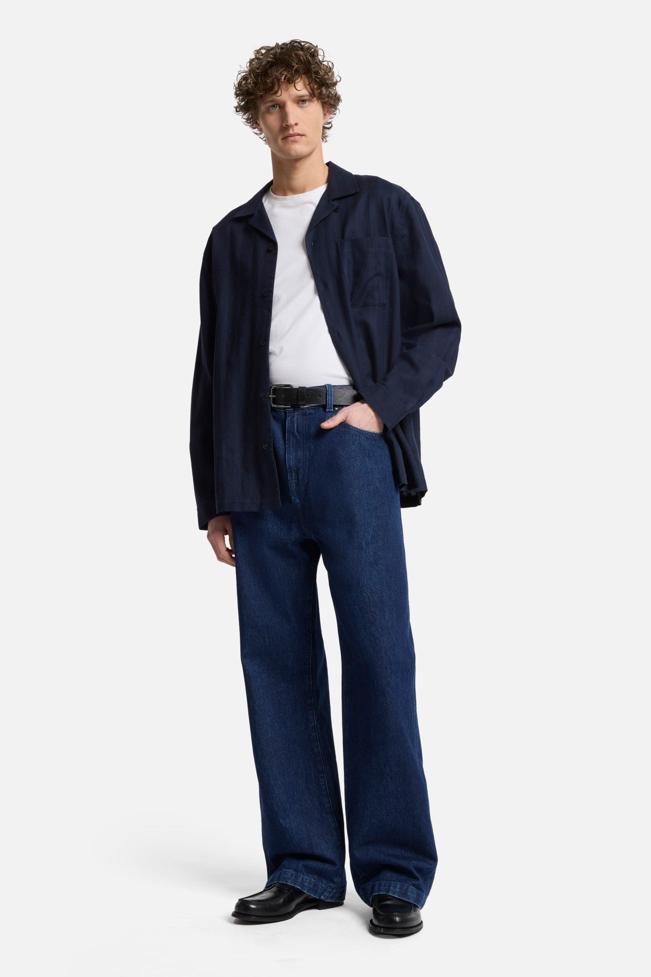 Linen Blend Long Sleeve Camp Shirt in Navy | 7 For All Mankind