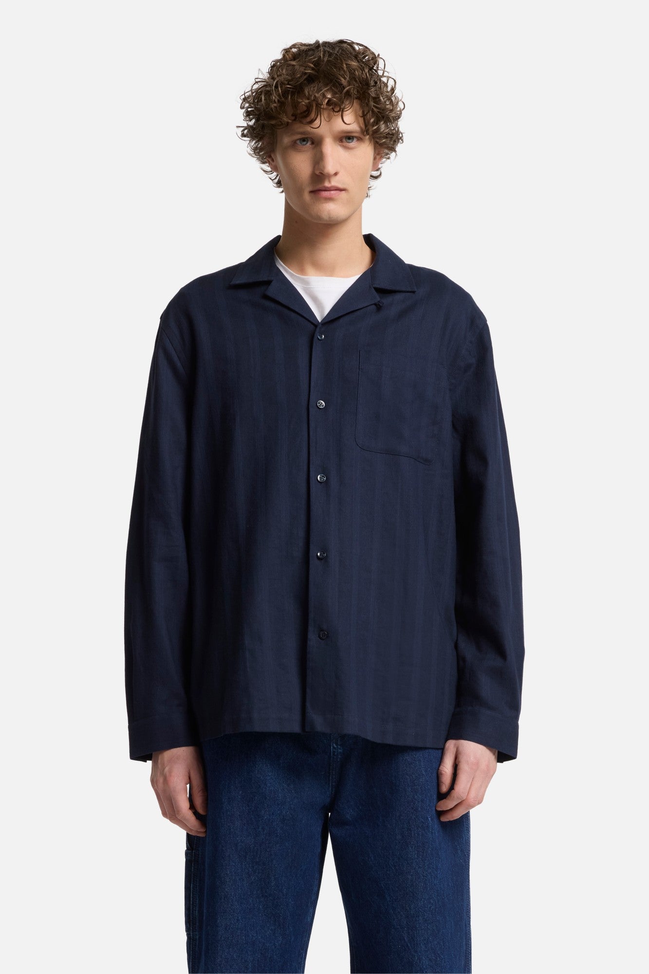 Linen Blend Long Sleeve Camp Shirt in Navy | 7 For All Mankind
