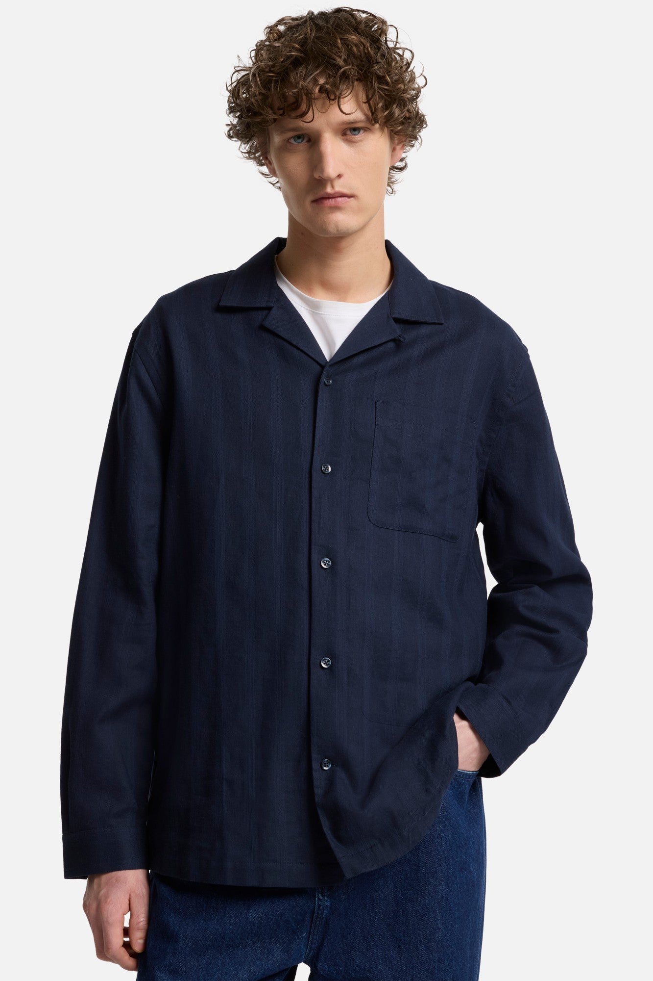 Linen Blend Long Sleeve Camp Shirt in Navy | 7 For All Mankind