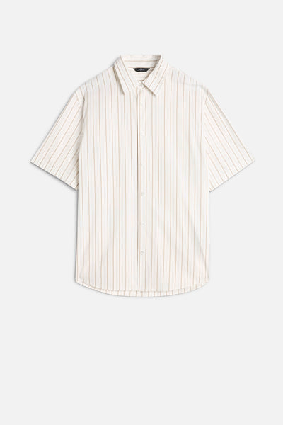 Short Sleeve Poplin Shirt in Beige Stripe