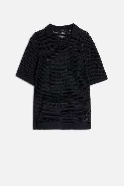 Short Sleeve Crochet Polo in Black