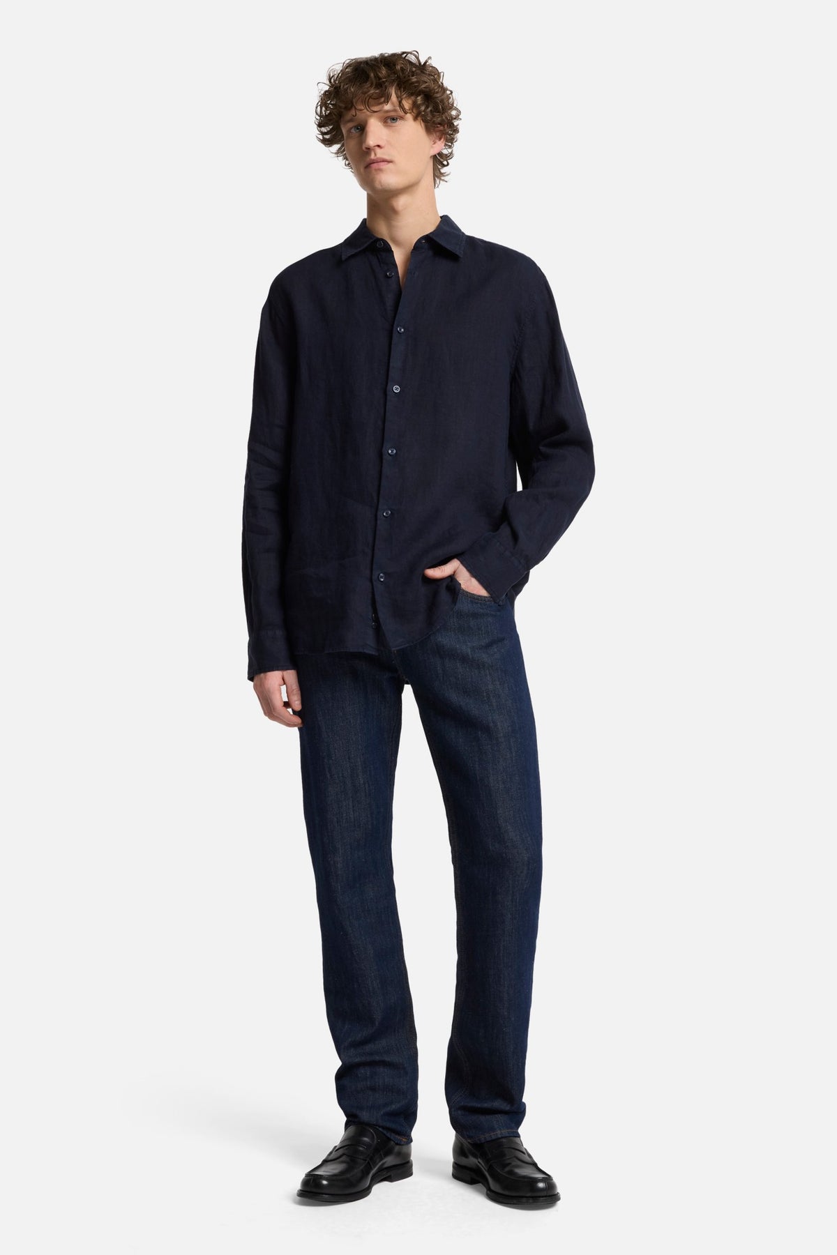 7 For All Mankind Classic Linen Button Up Shirt in Navy