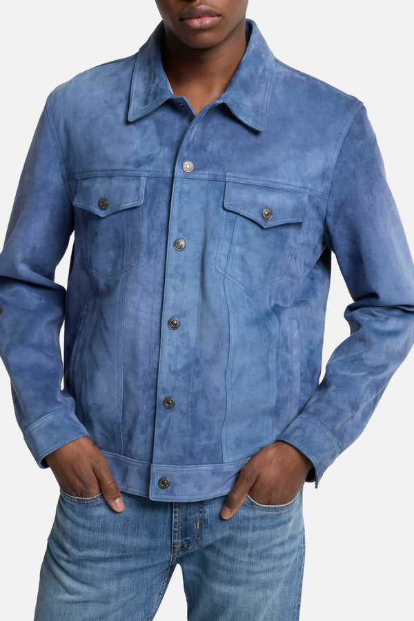Suede Trucker Jacket in Dusty Blue