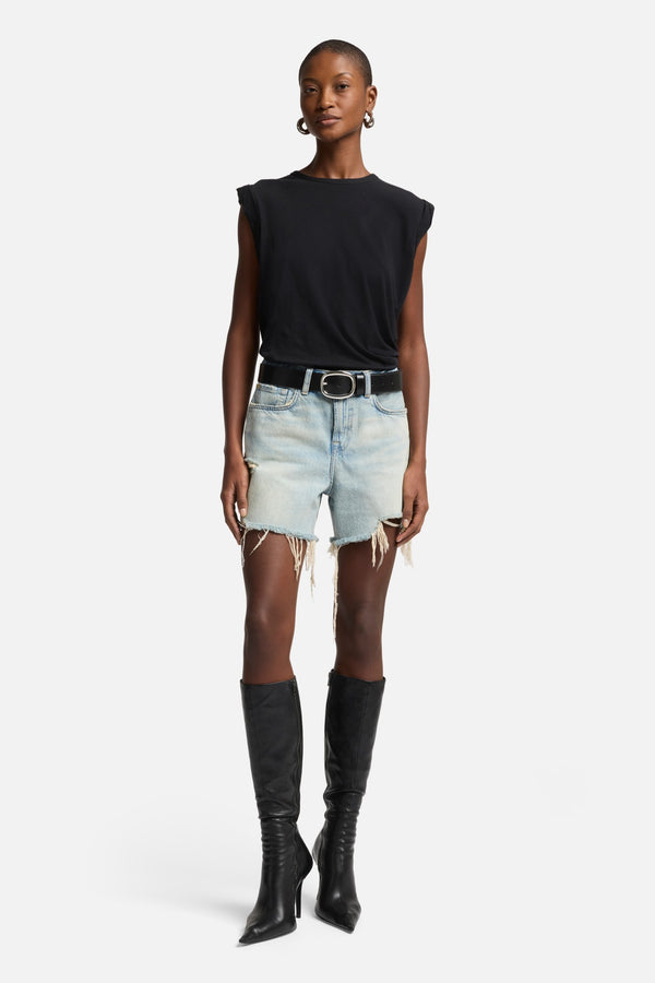Linen Blend Muscle Tee in Black
