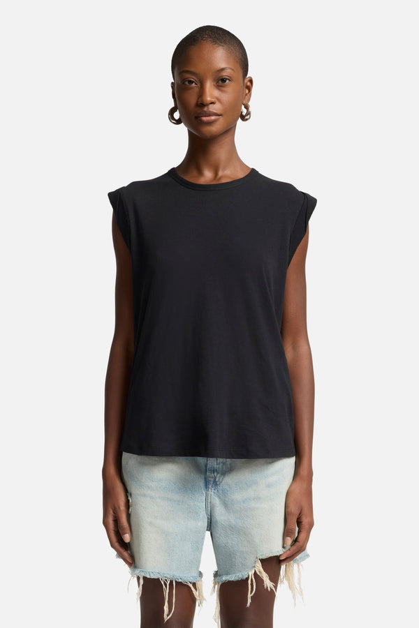 Linen Blend Muscle Tee in Black