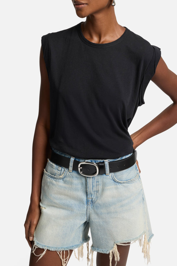 Linen Blend Muscle Tee in Black