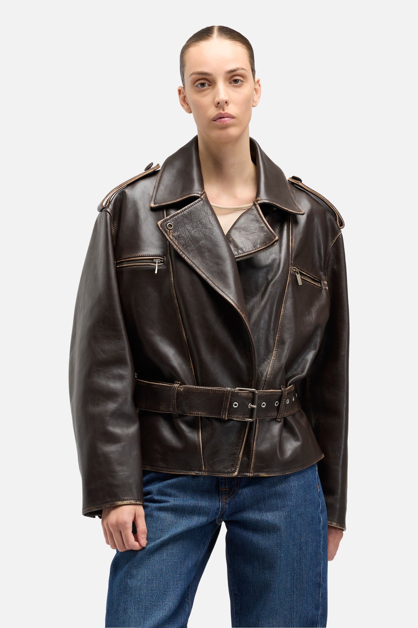 Leather Biker Jacket in Vintage Brown | 7 For All Mankind