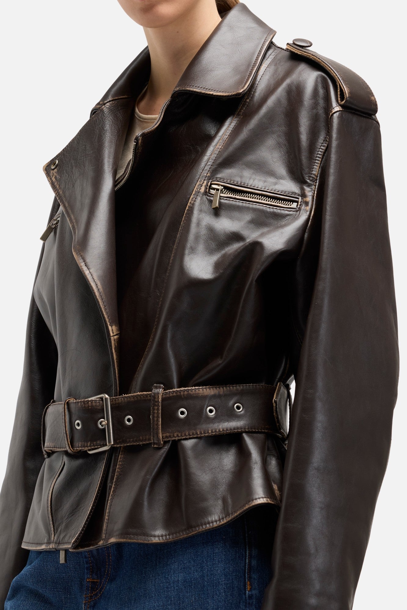 Leather Biker Jacket in Vintage Brown | 7 For All Mankind