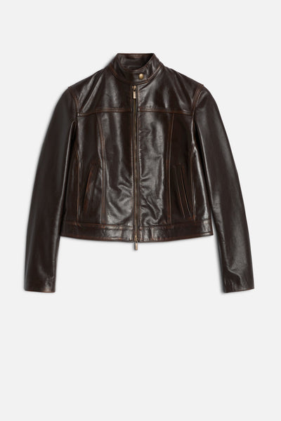 CROPPED BIKER JACKET in Leather Vintage Brown