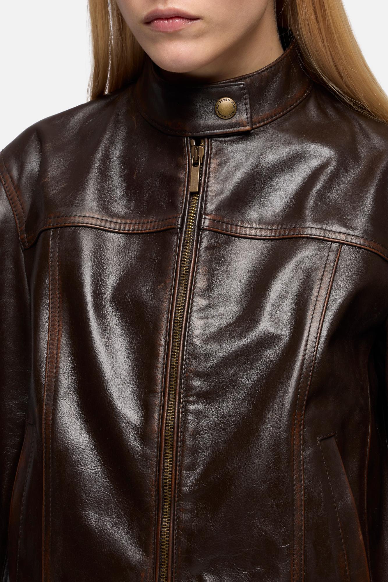 CROPPED BIKER JACKET in Leather Vintage Brown | 7 For All Mankind