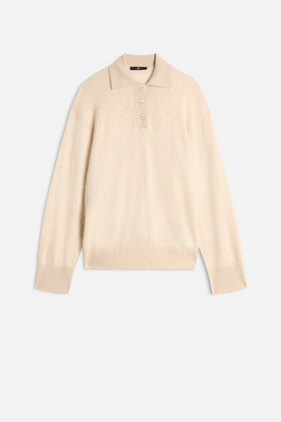 Cashmere Blend Fuzzy Polo Sweater in Ice White