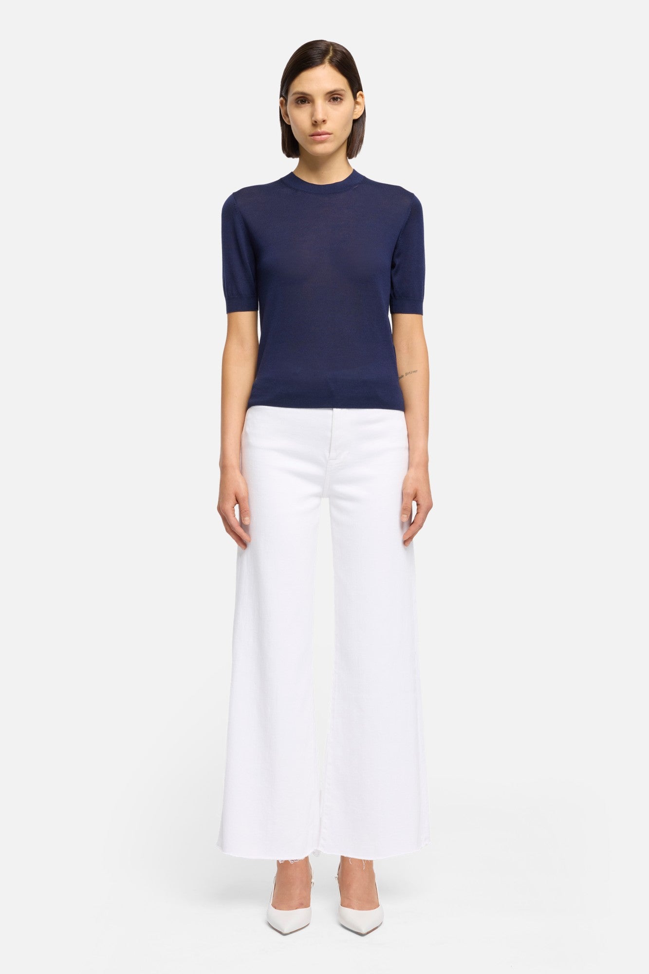 Silk Blend Short Sleeve Sweater in Navy | 7 For All Mankind