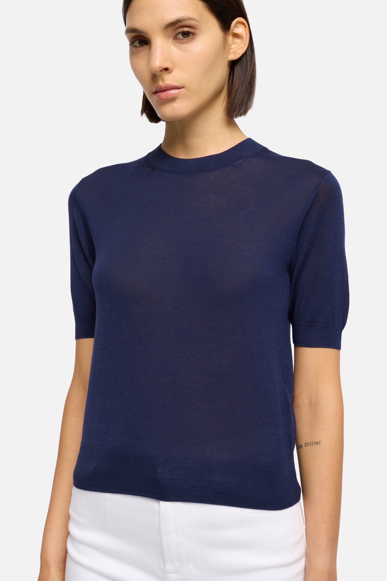 Silk Blend Short Sleeve Sweater in Navy | 7 For All Mankind