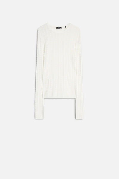 Long Sleeve Pointelle Crew Sweater in Ivory
