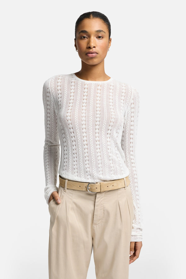 Long Sleeve Pointelle Crew Sweater in Ivory
