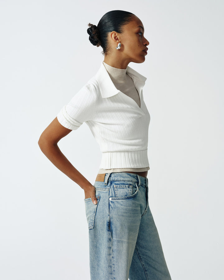 Ribbed Henley Sweater in Off White