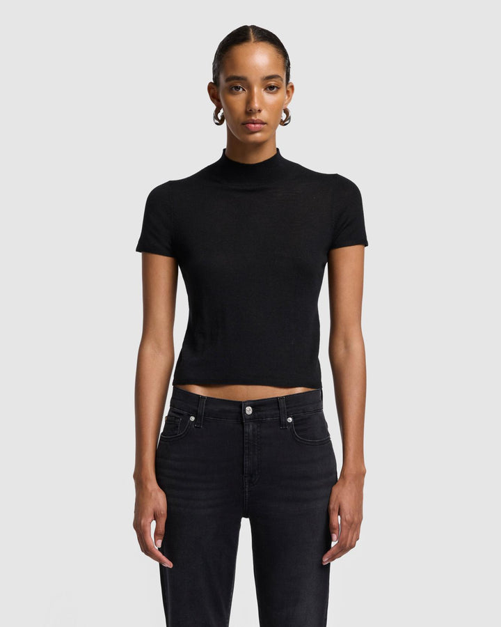 Cashmere Mock Neck Short Sleeve Sweater in Black 7 For All Mankind