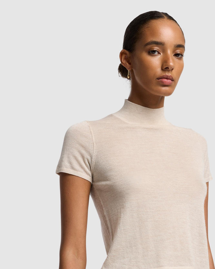 Cashmere Mock Neck Short Sleeve Sweater in Oatmeal