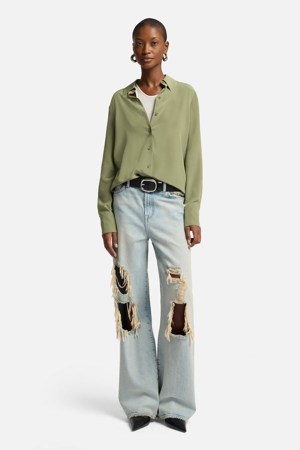 Long Sleeve Silk Blouse in Army