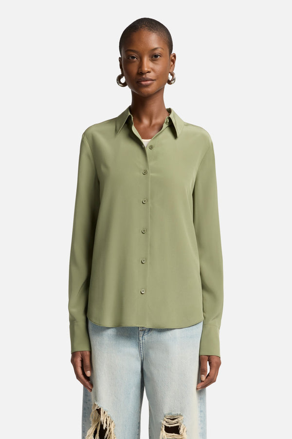 Long Sleeve Silk Blouse in Army