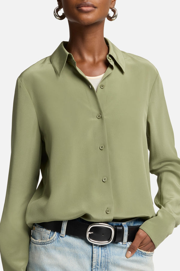 Long Sleeve Silk Blouse in Army