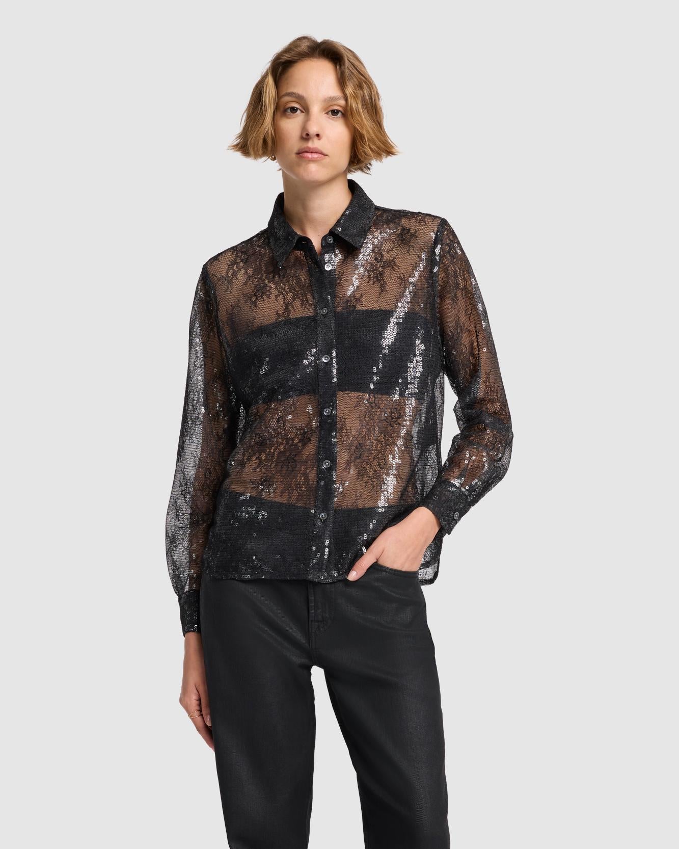 7 for all mankind Sheer Sequinned Lace Shirt Tops
