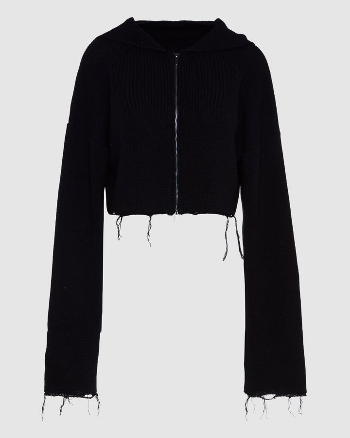 Distressed Knit Cropped Hoodie in Black | 7 For All Mankind