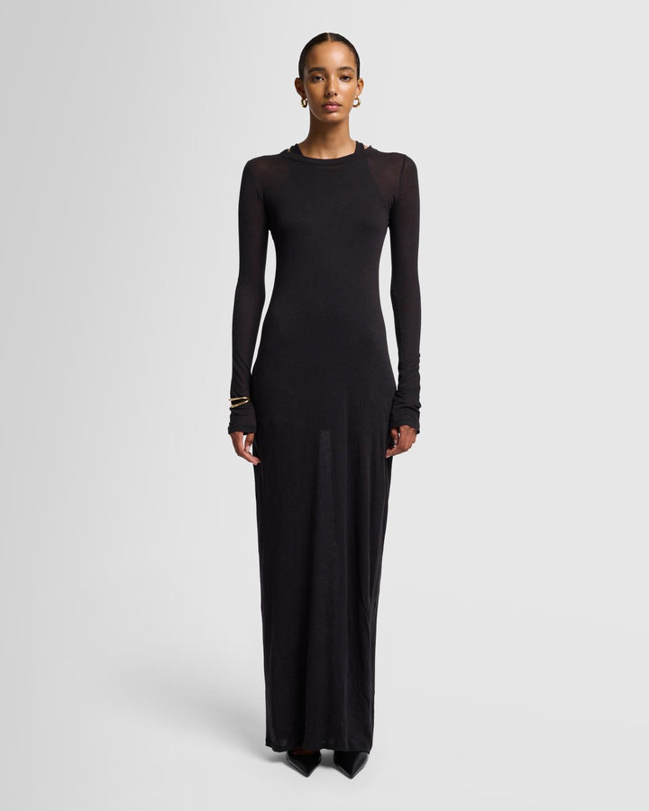 Sheer Long Sleeve Maxi Dress in Black
