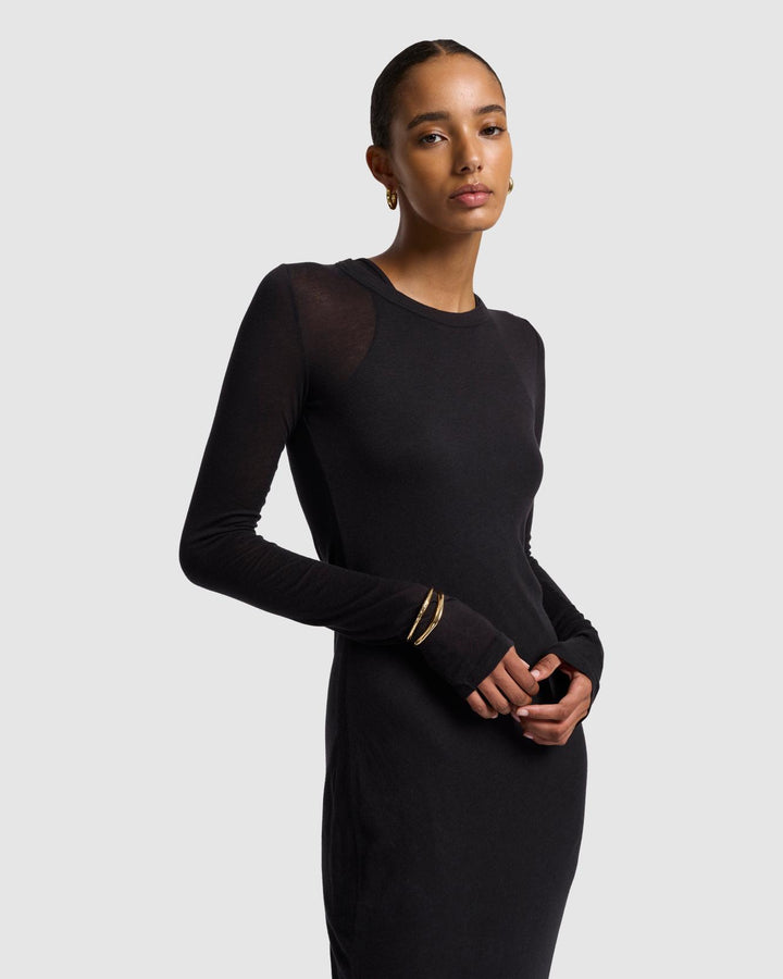 Sheer Long Sleeve Maxi Dress in Black