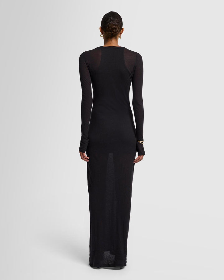 Sheer Long Sleeve Maxi Dress in Black