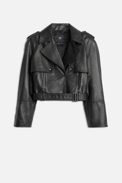 Italian Leather Cropped Moto Jacket in Black