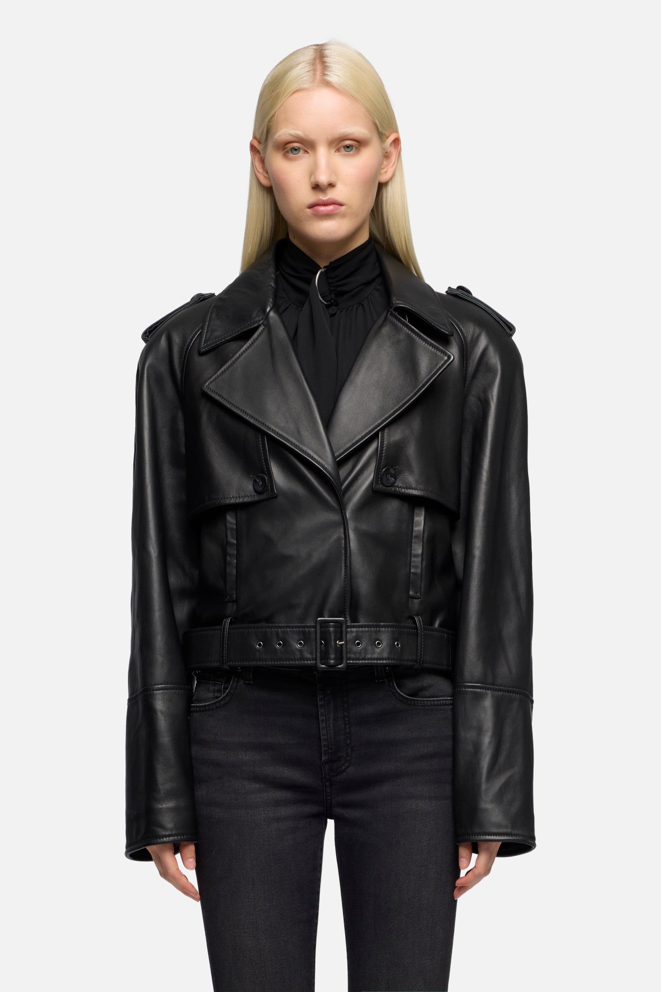 Italian Leather Cropped Moto Jacket in Black | 7 For All Mankind