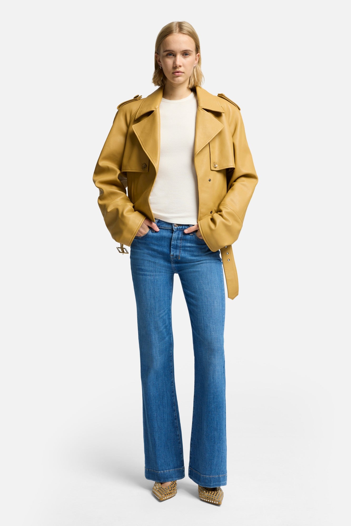Cropped Leather Biker Jacket in Honey | 7 For All Mankind