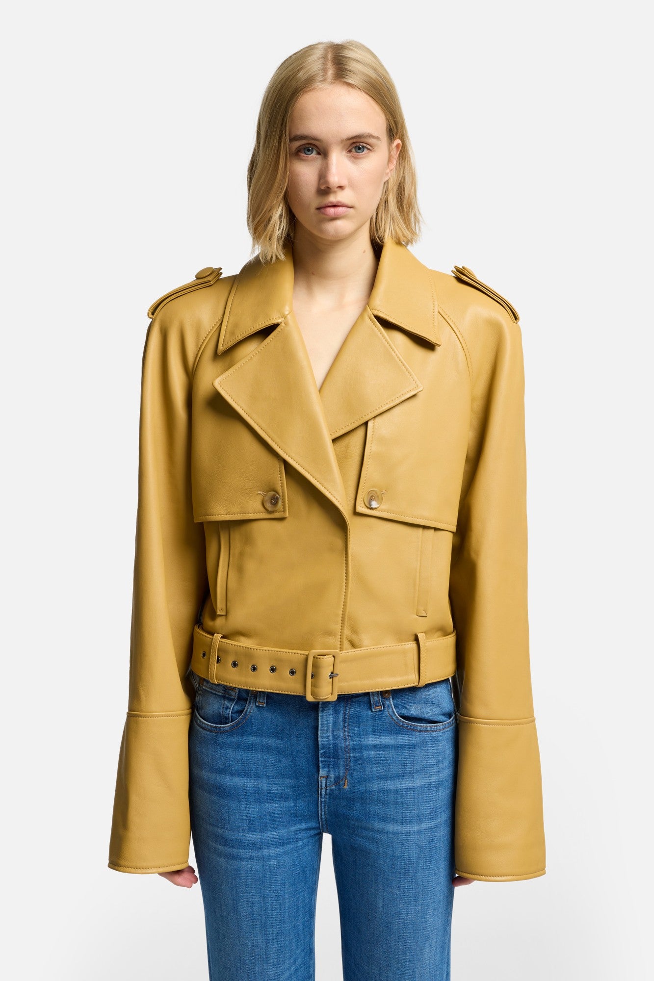 Cropped Leather Biker Jacket in Honey | 7 For All Mankind